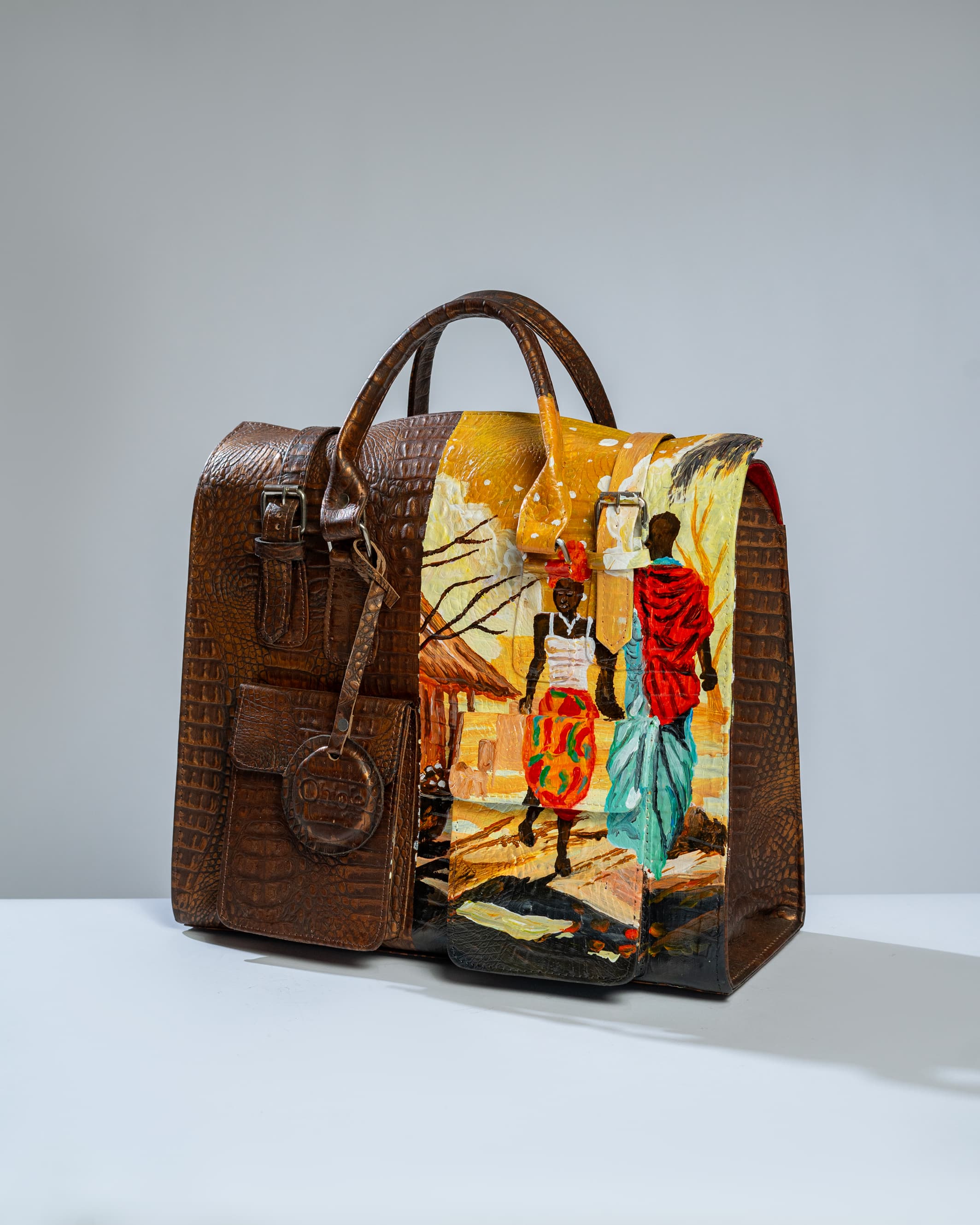 Brown croc multipurpose bag- village scenery inspired.