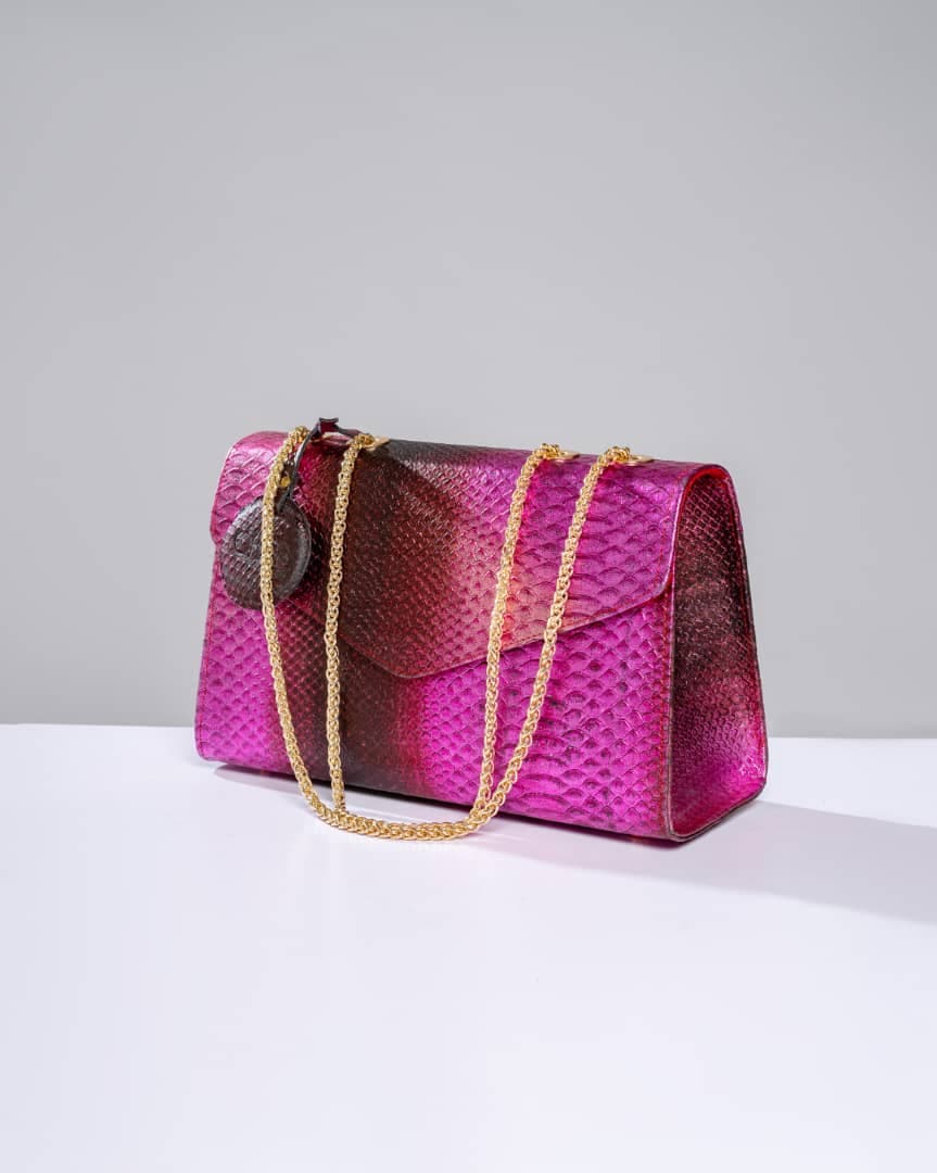 Purple Snake Embossed Midi Chain Bag