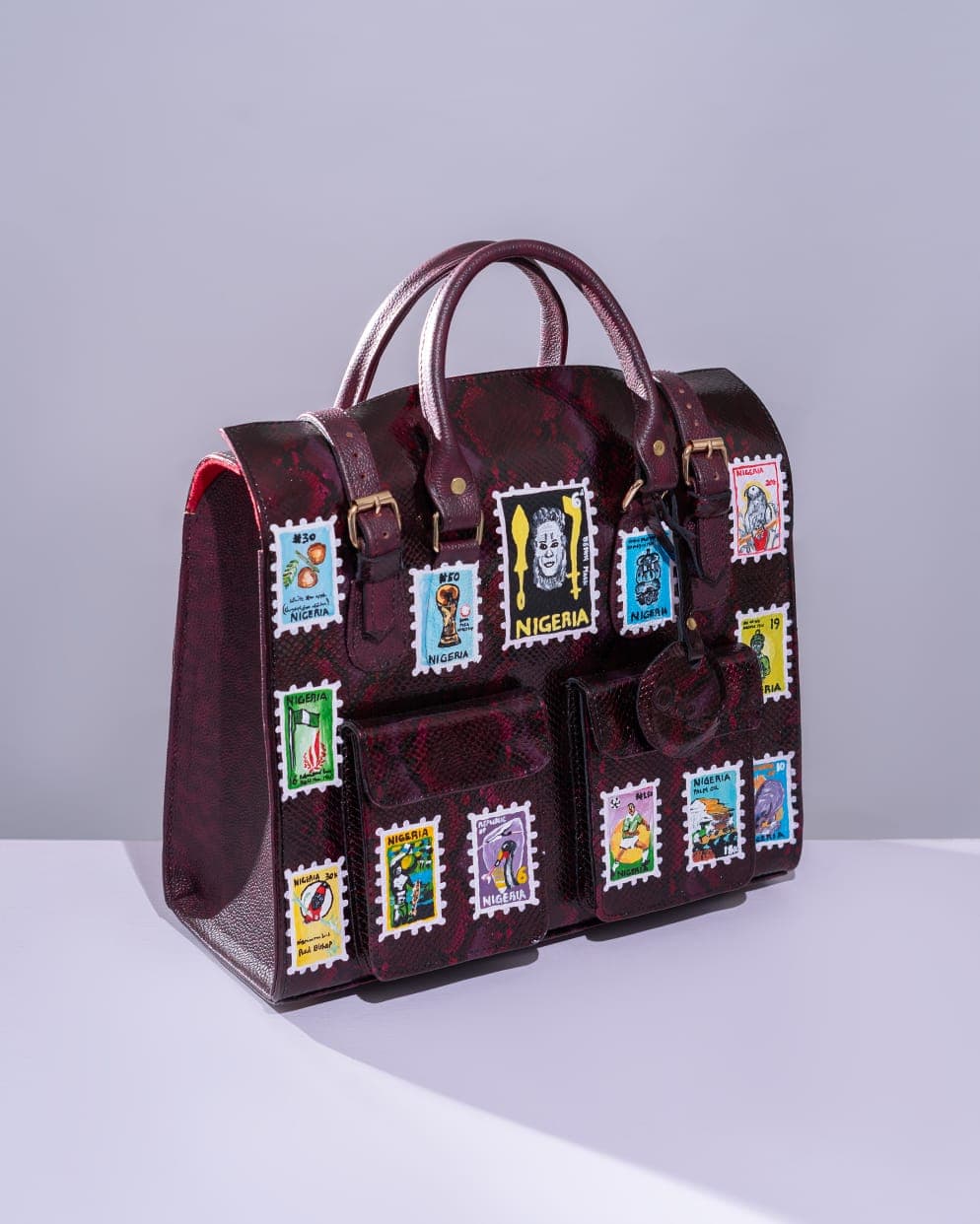 Deep Wine Snake Embossed Leather Multipurpose Bag, Vintage Stamp inspired