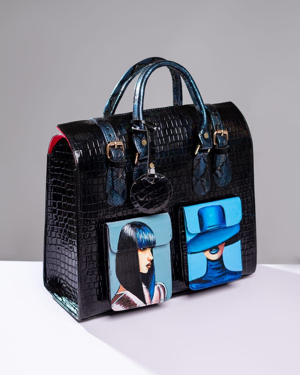 Black Glossy Leather Multipurpose Bag, óbébé inspired