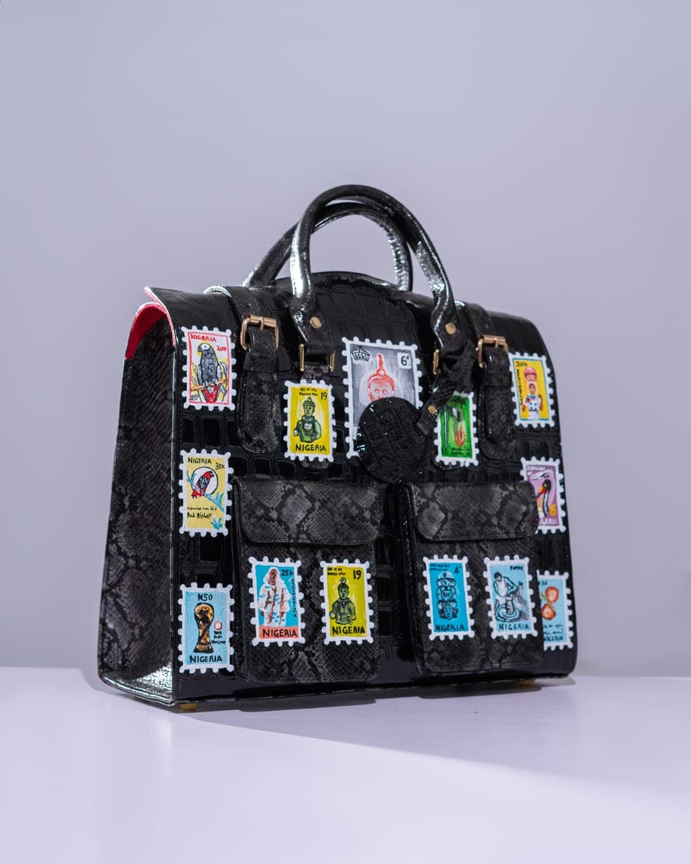 Black Snake Embossed Leather Multipurpose Bag, Vintage Stamps Inspired