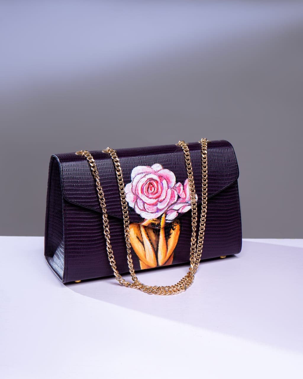 Deep Purple Leather Midi Chain Bag, Flower Girl Inspired