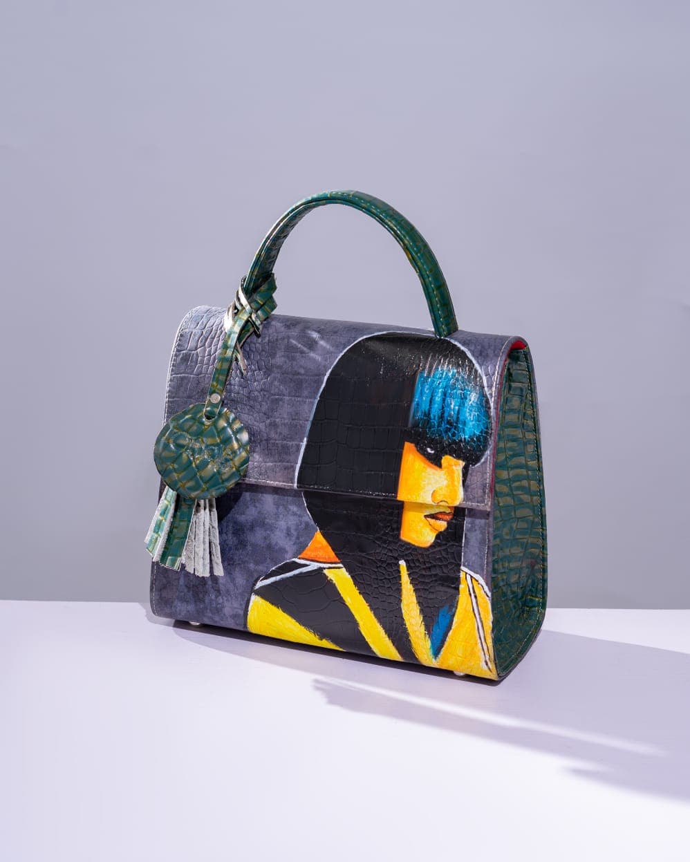 Blue & Green Leather Mix Elegant Midi Bag