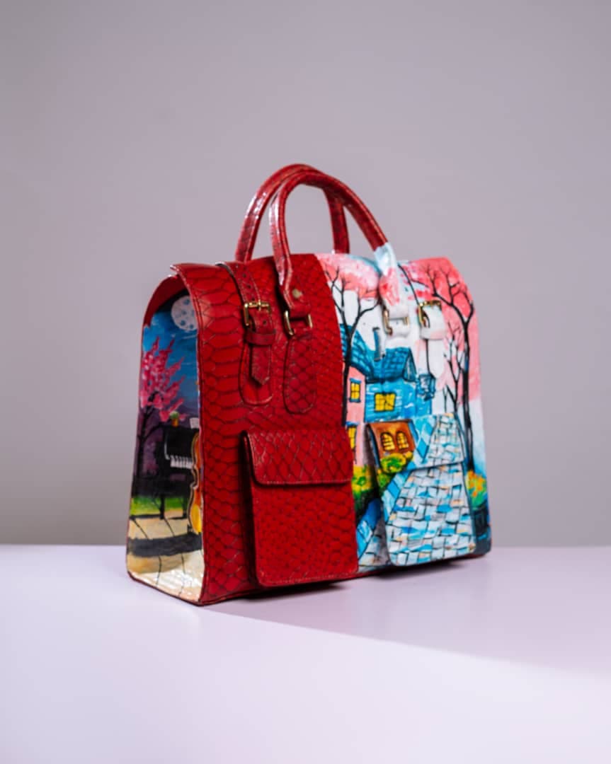 Red Snakeskin Embossed Leather Multipurpose Bag