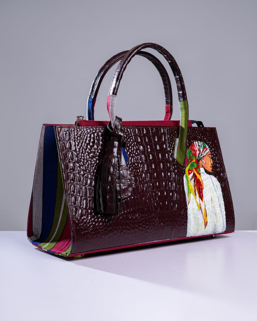 Glossy Brown Leather Aso-oke leather mix Aduke Bag