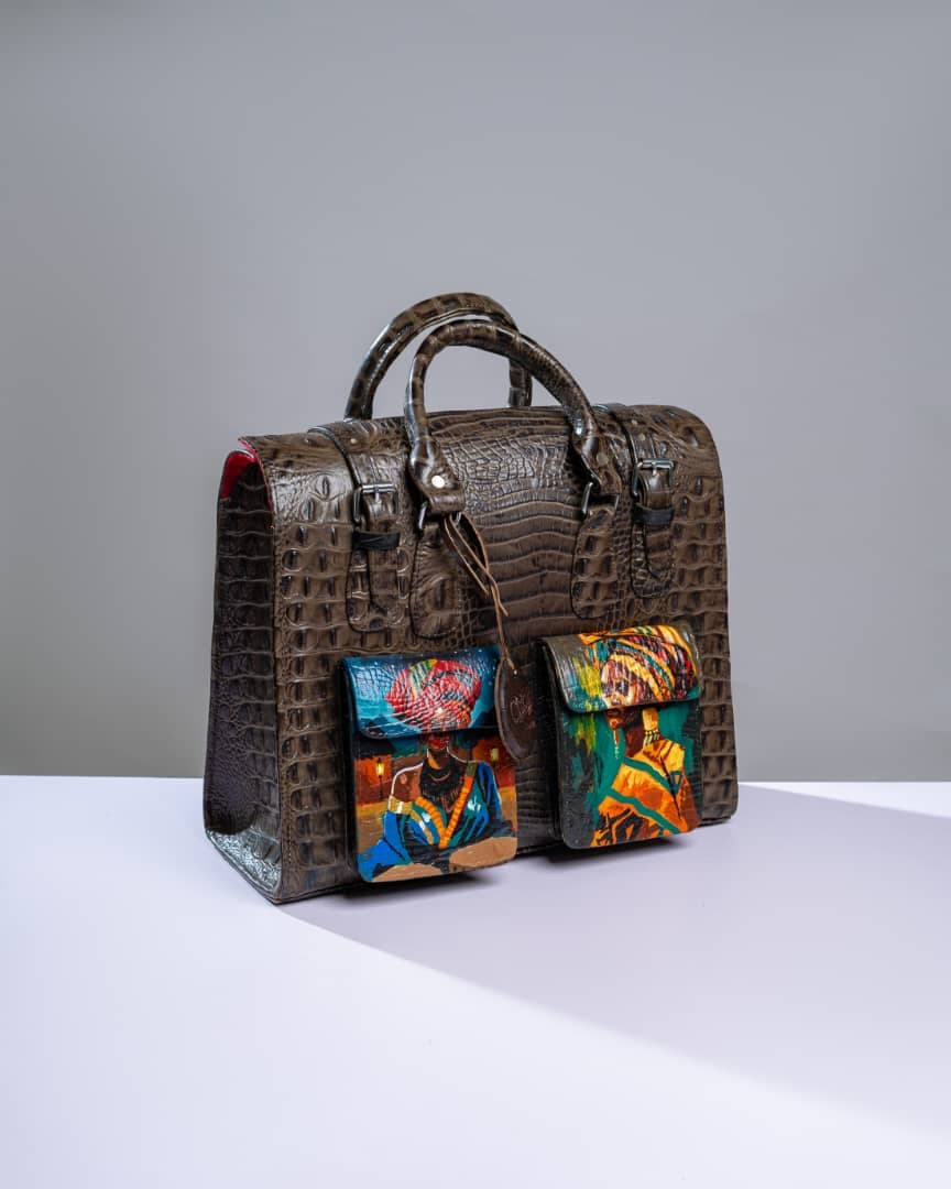 Dark Brown Croc Embossed Leather Multipurpose Bag