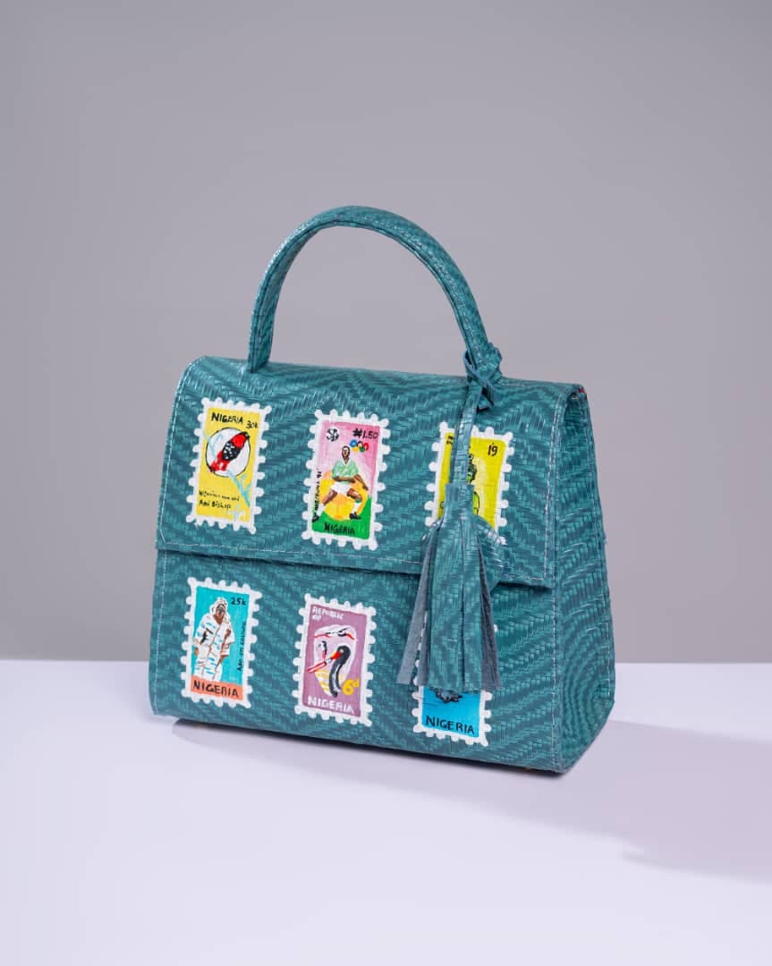 Teal Elegant Midi Bag Handpainted - Vintage Stamp