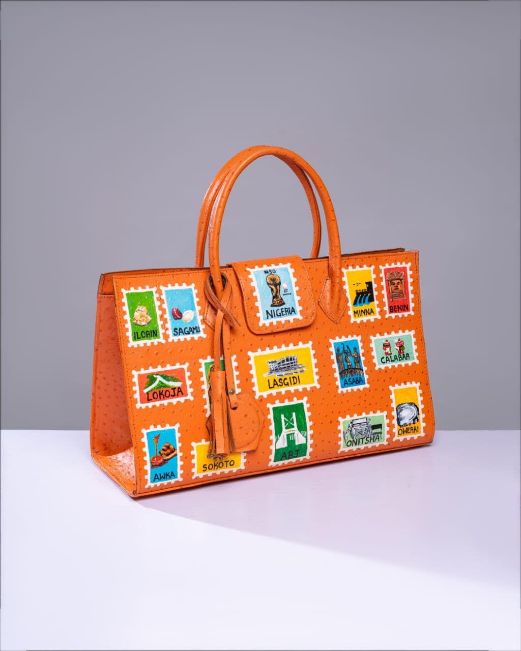 Bright Orange Classic Maxi Bag, with Handpainted Vintage Stamps