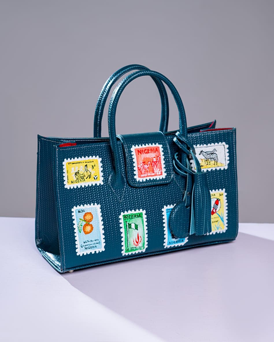 Teal Vintage Stamp Inspired Classic Maxi Bag