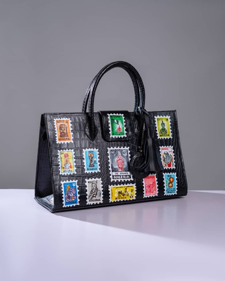Black Maxi Bag with Vintage Stamp Inspired Art