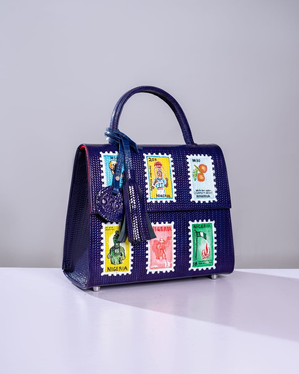 Blue Elegant Midi Bag, Vintage Stamps Inspired