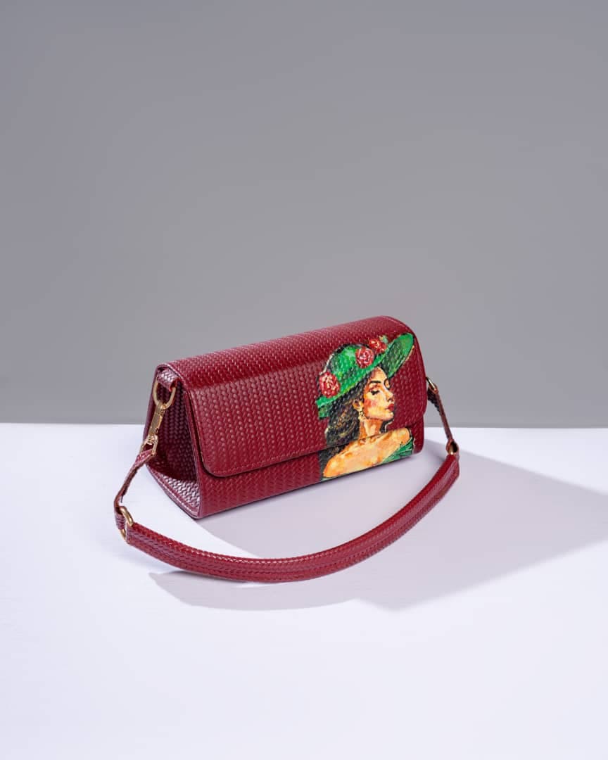 Burgundy Mini Shoulder Bag Green Hat lady Inspired